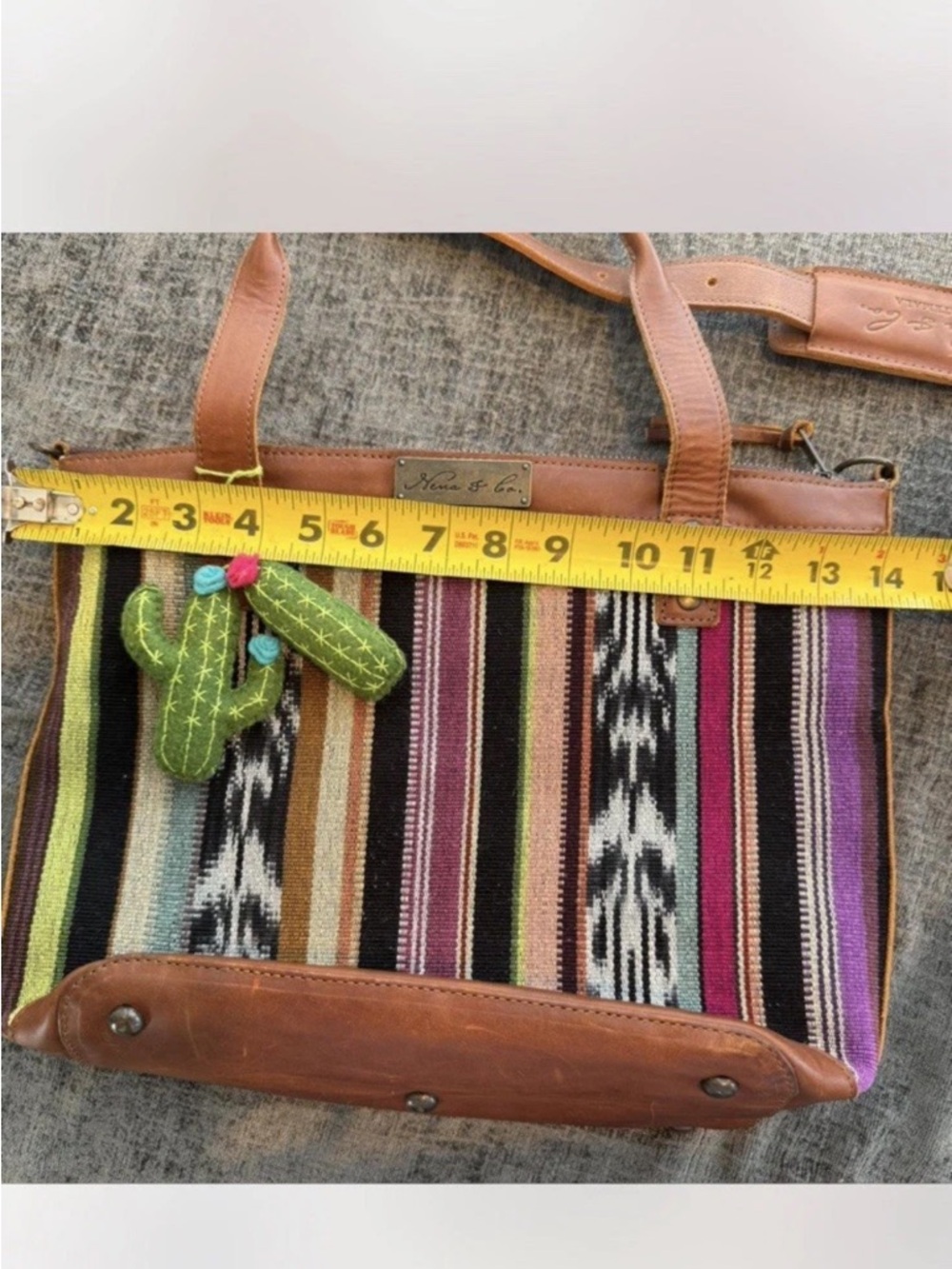 Nena & Co Medium Woven Tote Leather Trim Zip Top Shoulder Strap Dust Bag EUC - Picture 4 of 13